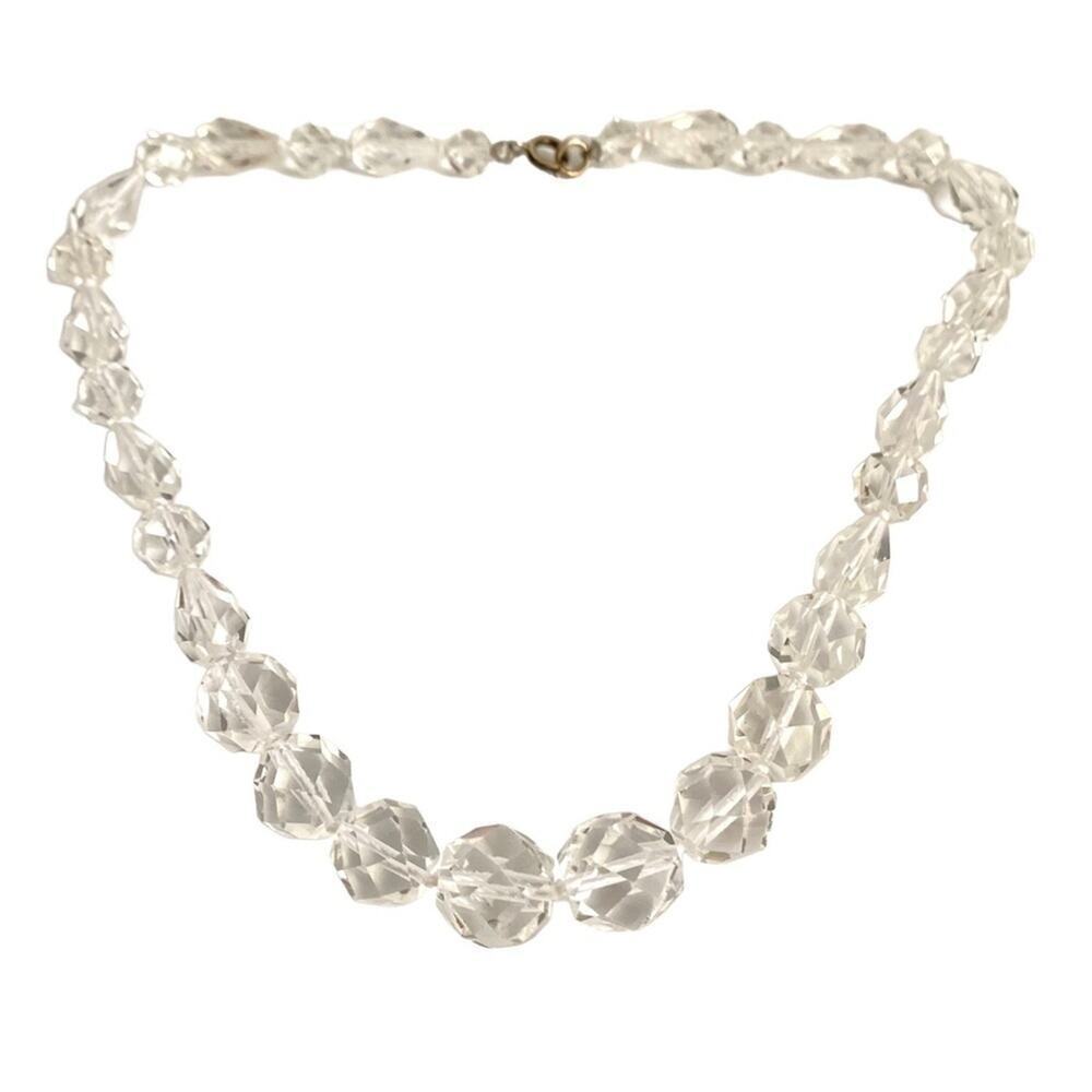Vintage Crystal Beaded Necklace Faceted Clear Glass Beads Sterling Silver‎ Clasp